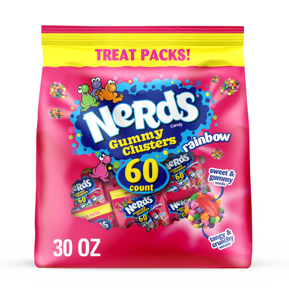 NERDS Gummy Clusters rainbow shells with fruity centers for a playful, shareable snack.