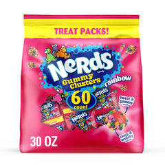 NERDS Gummy Clusters rainbow shells with fruity centers for a playful, shareable snack.