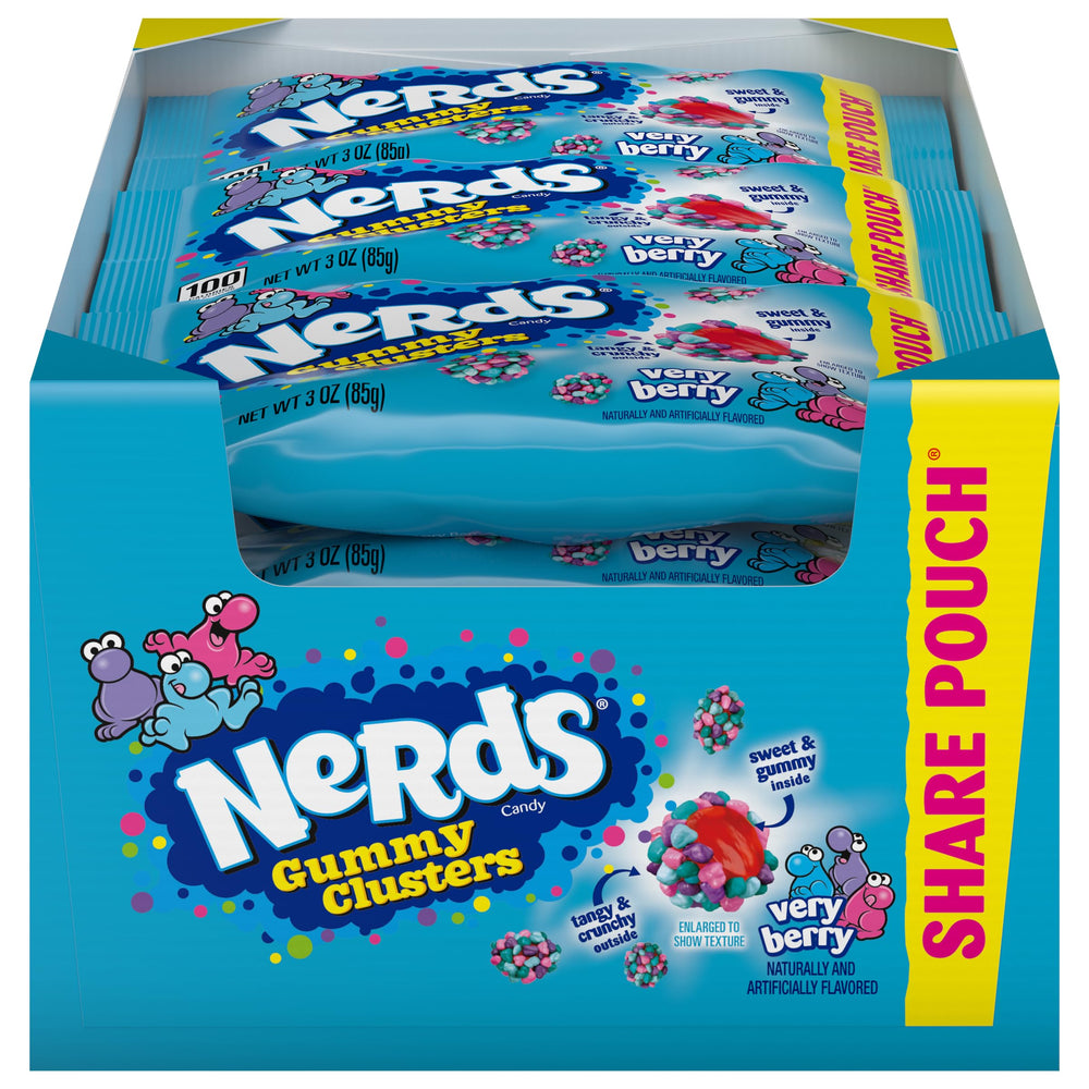 NERDS Gummy Clusters Very Berry candy bite showcases crunchy shell and fruity center, perfect for sharing.