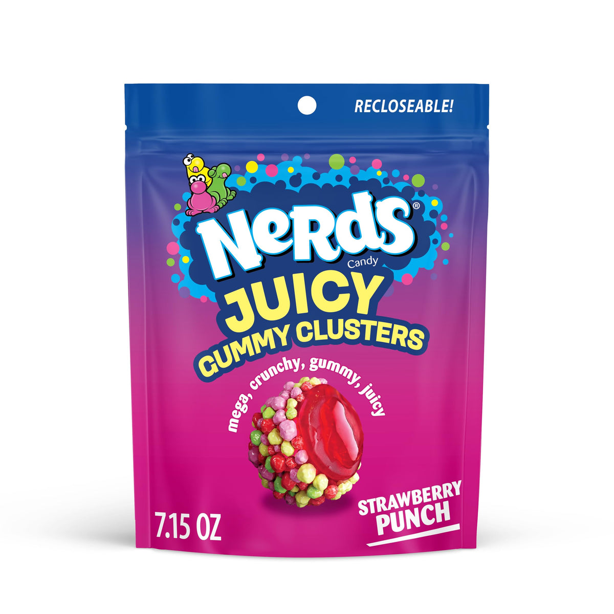 NERDS Juicy Gummy Clusters Strawberry Punch in a resealable 7.15 oz bag for on-the-go snacking