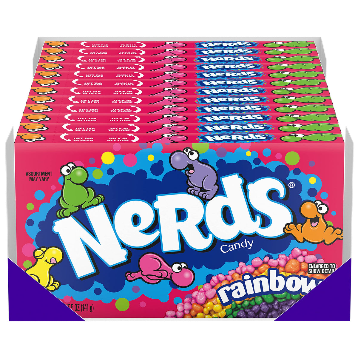 Nerds Rainbow Candy box packaging shows colors, ideal for sharing during movie nights.