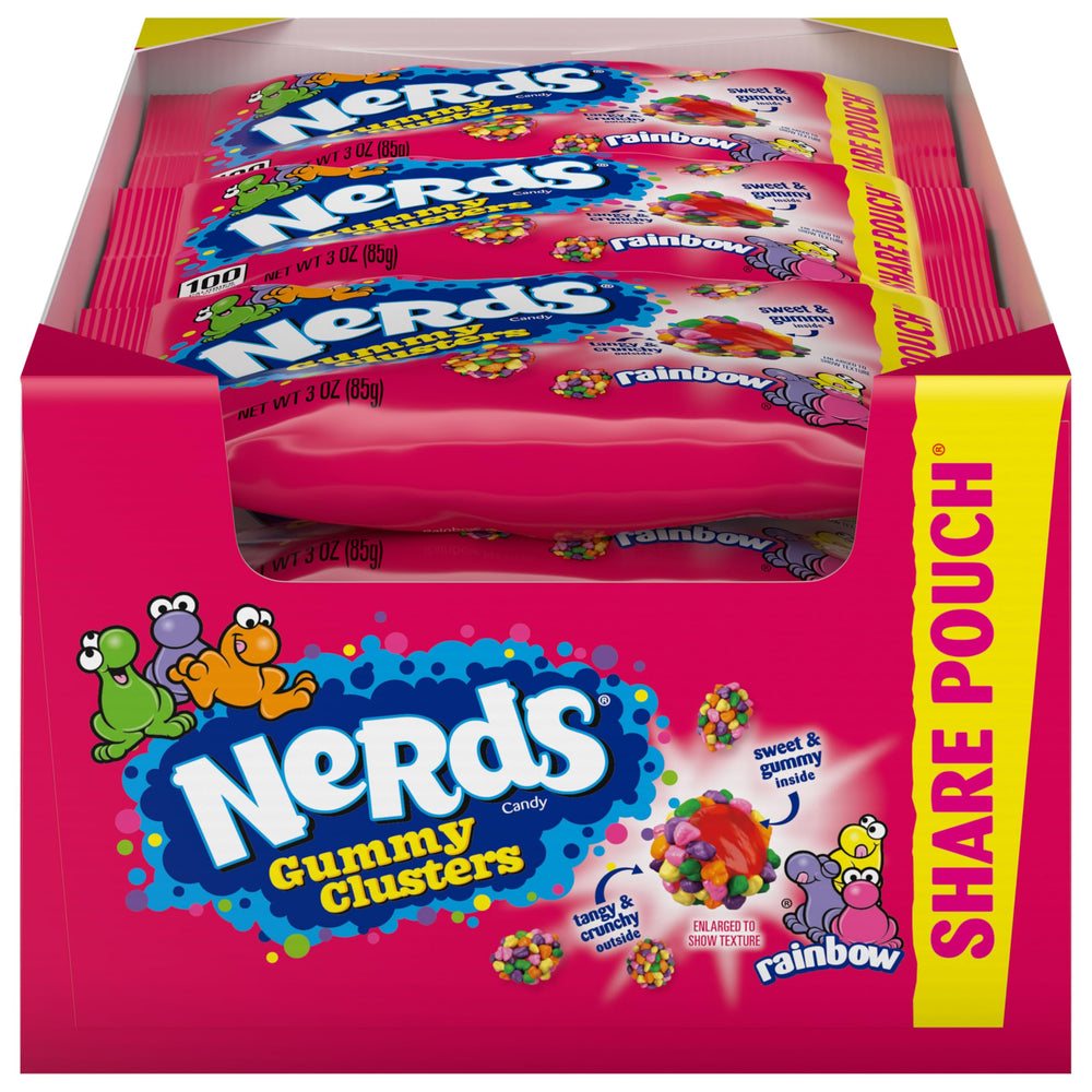 NERDS Rainbow Gummy Clusters pack image showing easy sharing and multi-pack value.