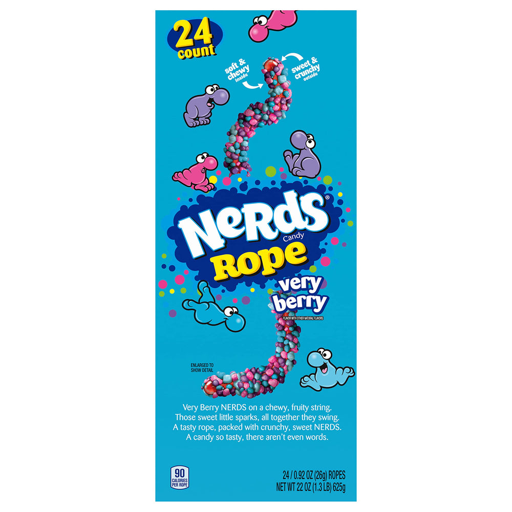 Nerds Rope Candy Very Berry multi-flavor display with blue raspberry, strawberry, grape.