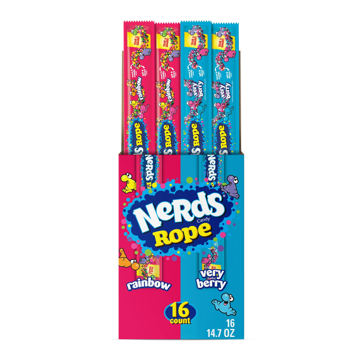 NERDS Rope Rainbow outside with berry inside, tangy crunch perfect for party bowls and snack time.