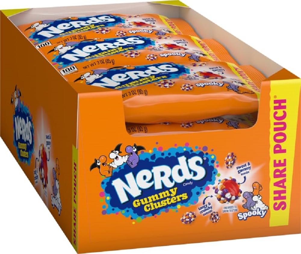 Nerds Spooky Gummy Clusters front packaging showing sharepack and Halloween colors, easy to grab