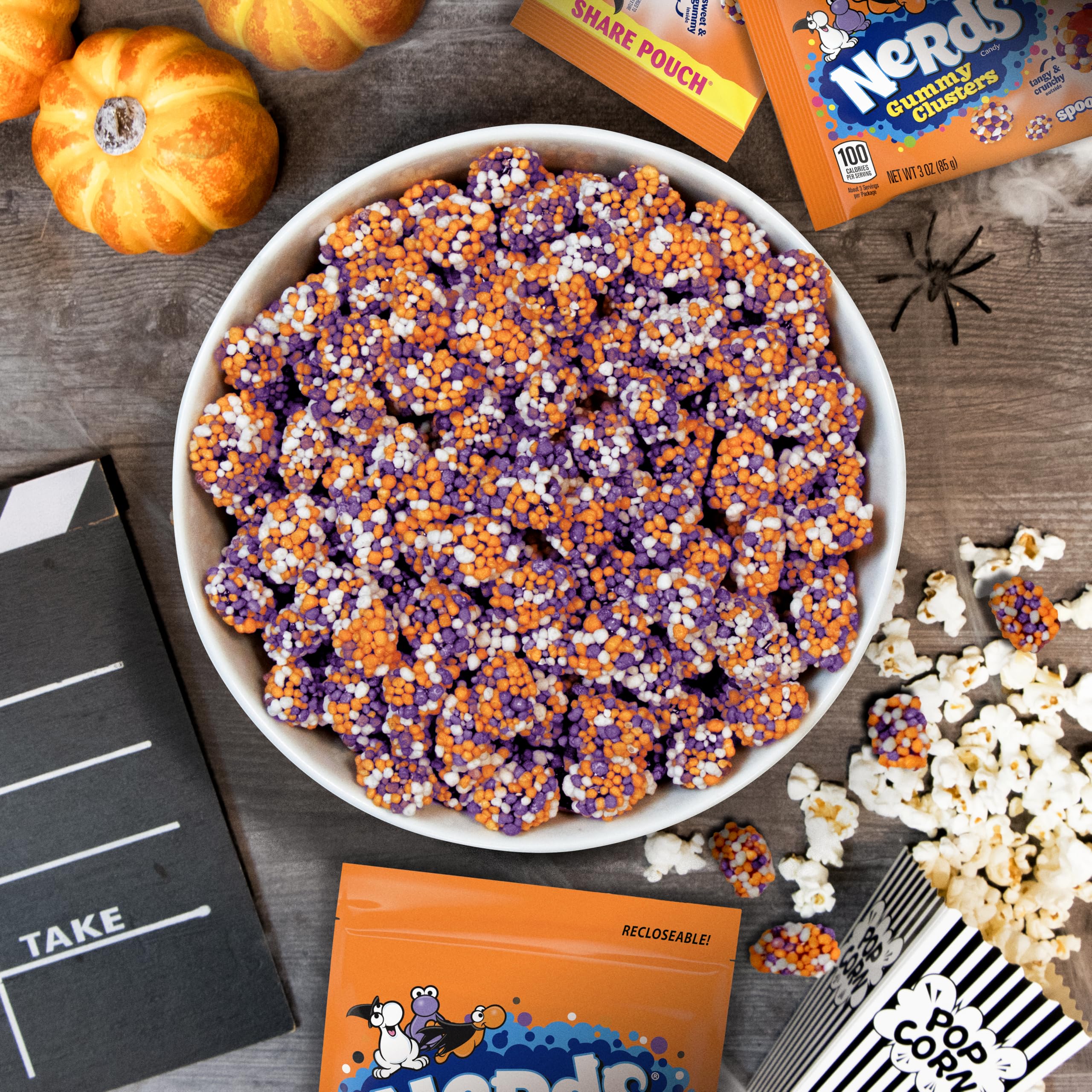 Nerds Spooky Gummy Clusters poured into a Halloween bowl for party display, festive serving convenience