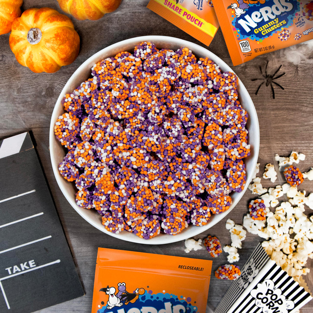 Nerds Spooky Gummy Clusters poured into a Halloween bowl for party display, festive serving convenience