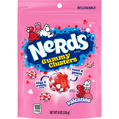 Nerds Valentine Gummy Clusters bag front showing colorful crunch and fruity center.