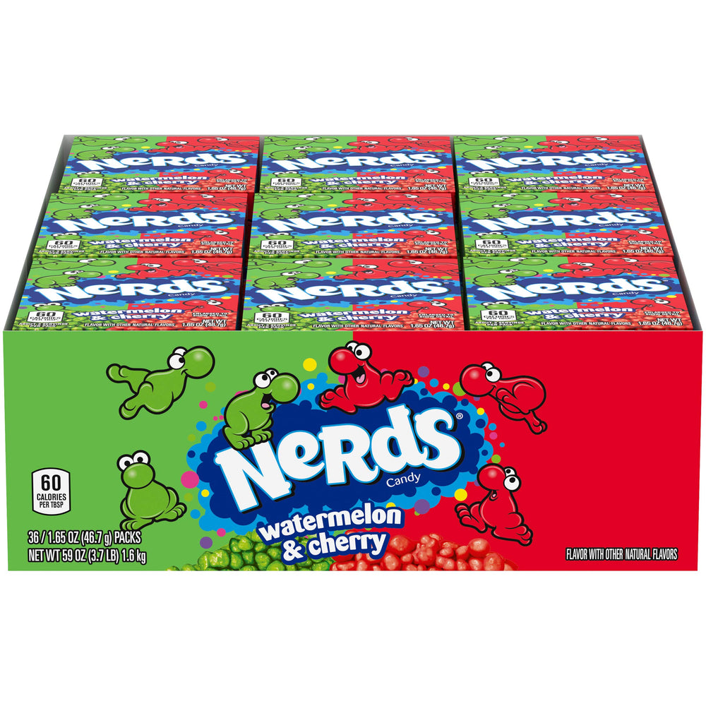 NERDS Watermelon and Wild Cherry box front with dual flavors for mix-and-match snacking.
