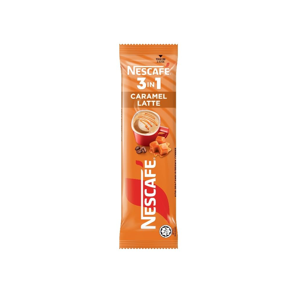 Nescafe 3-in-1 Caramel Latte morning ritual cup on a desk.
