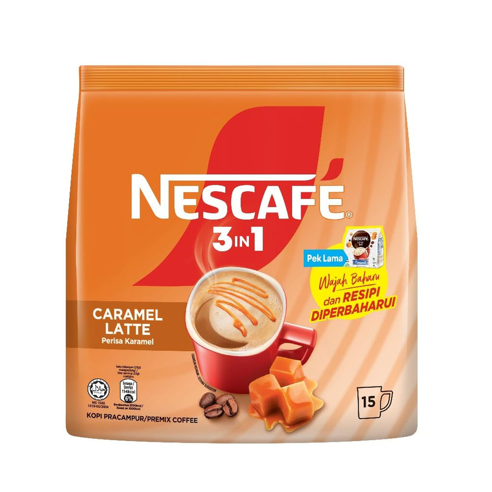 Nescafe 3-in-1 Caramel Latte stick pack for on-the-go mornings.