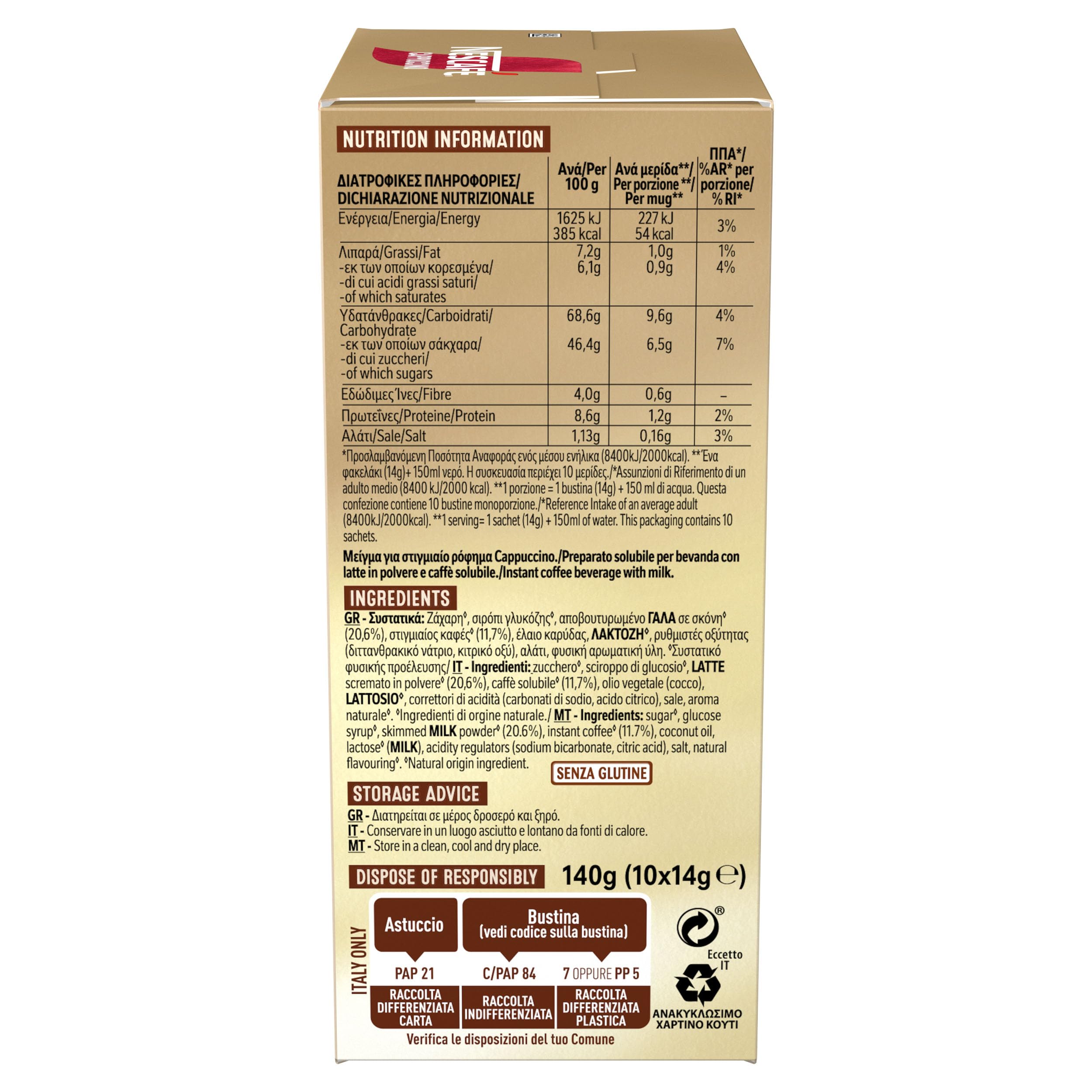 Nescafe Cappuccino 10 Sticks box back with ingredients and tips.
