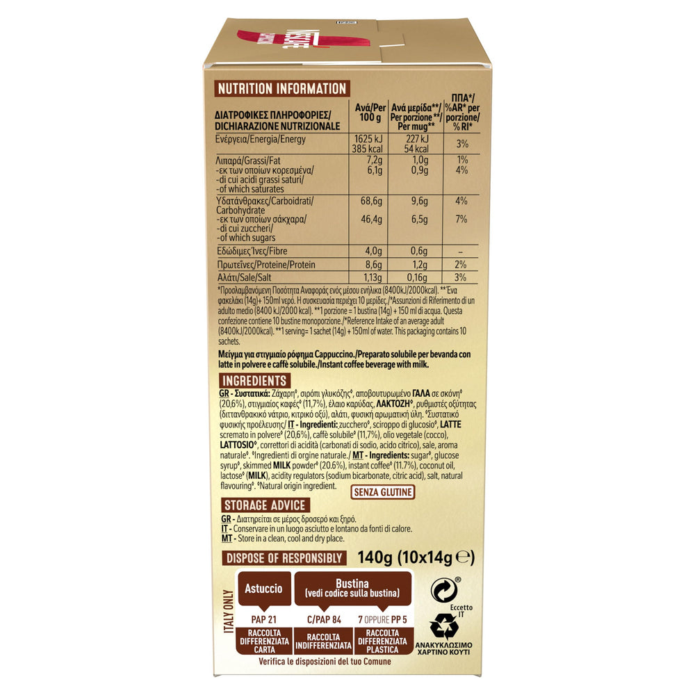 Nescafe Cappuccino 10 Sticks box back with ingredients and tips.