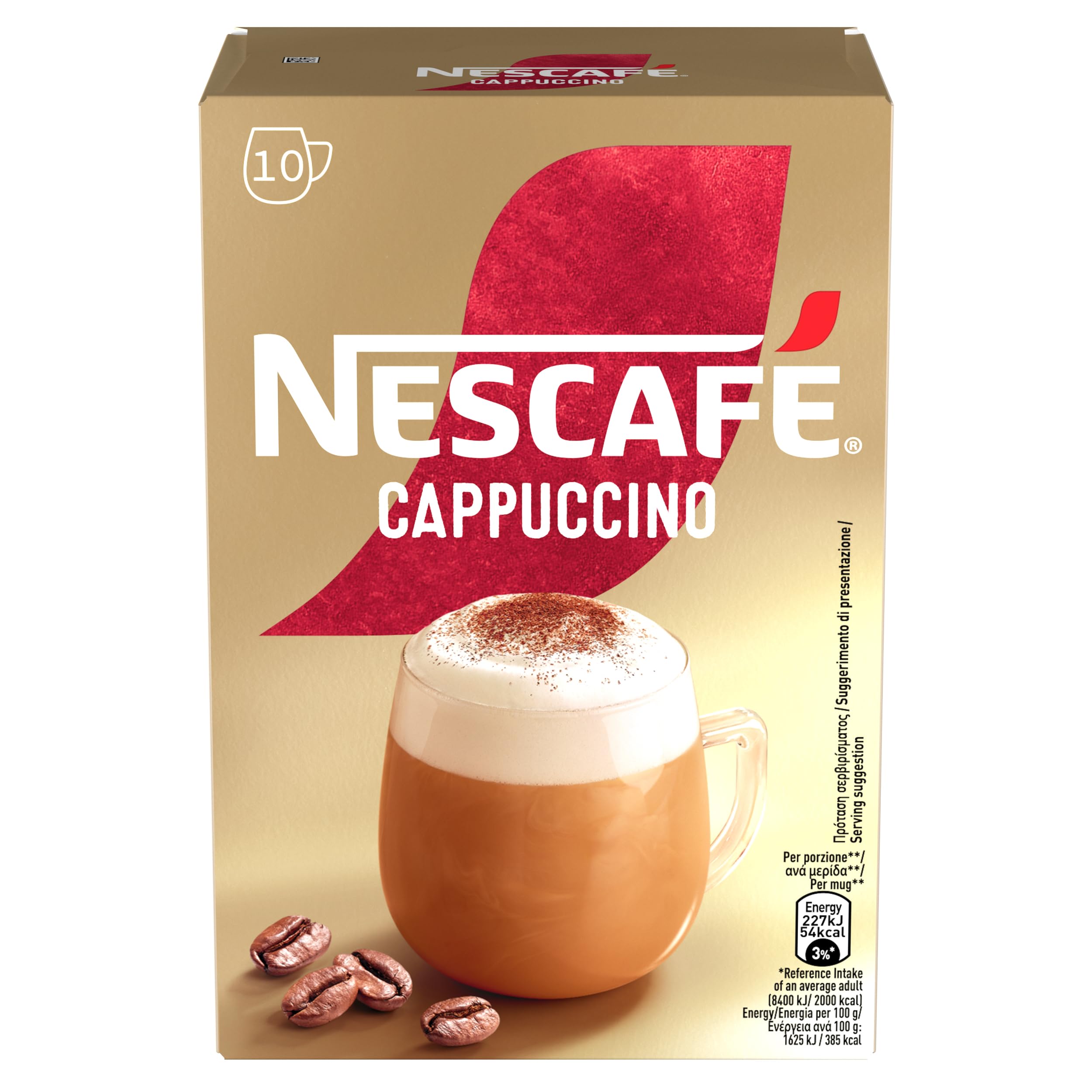 Nescafe Cappuccino 10 Sticks box front for quick, easy single-serve prep.