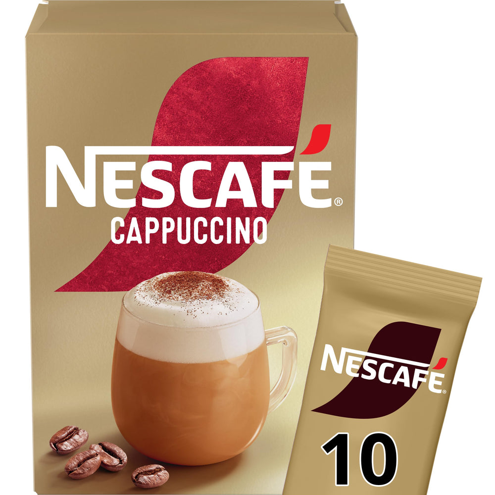 Nescafe Cappuccino 10 Sticks dissolving in hot water for creamy foam.