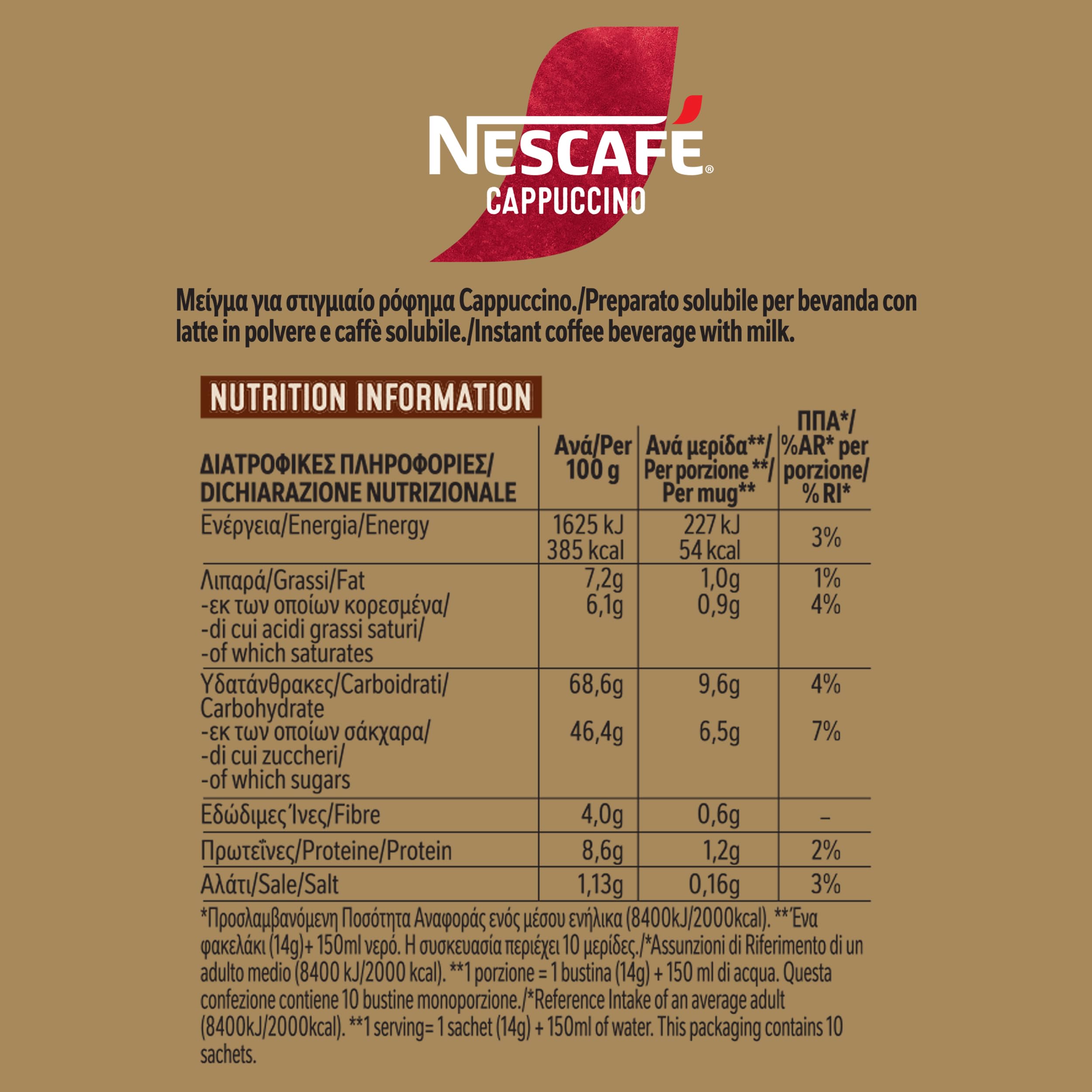 Nescafe Cappuccino 10 Sticks single stick ready to dissolve in hot water.