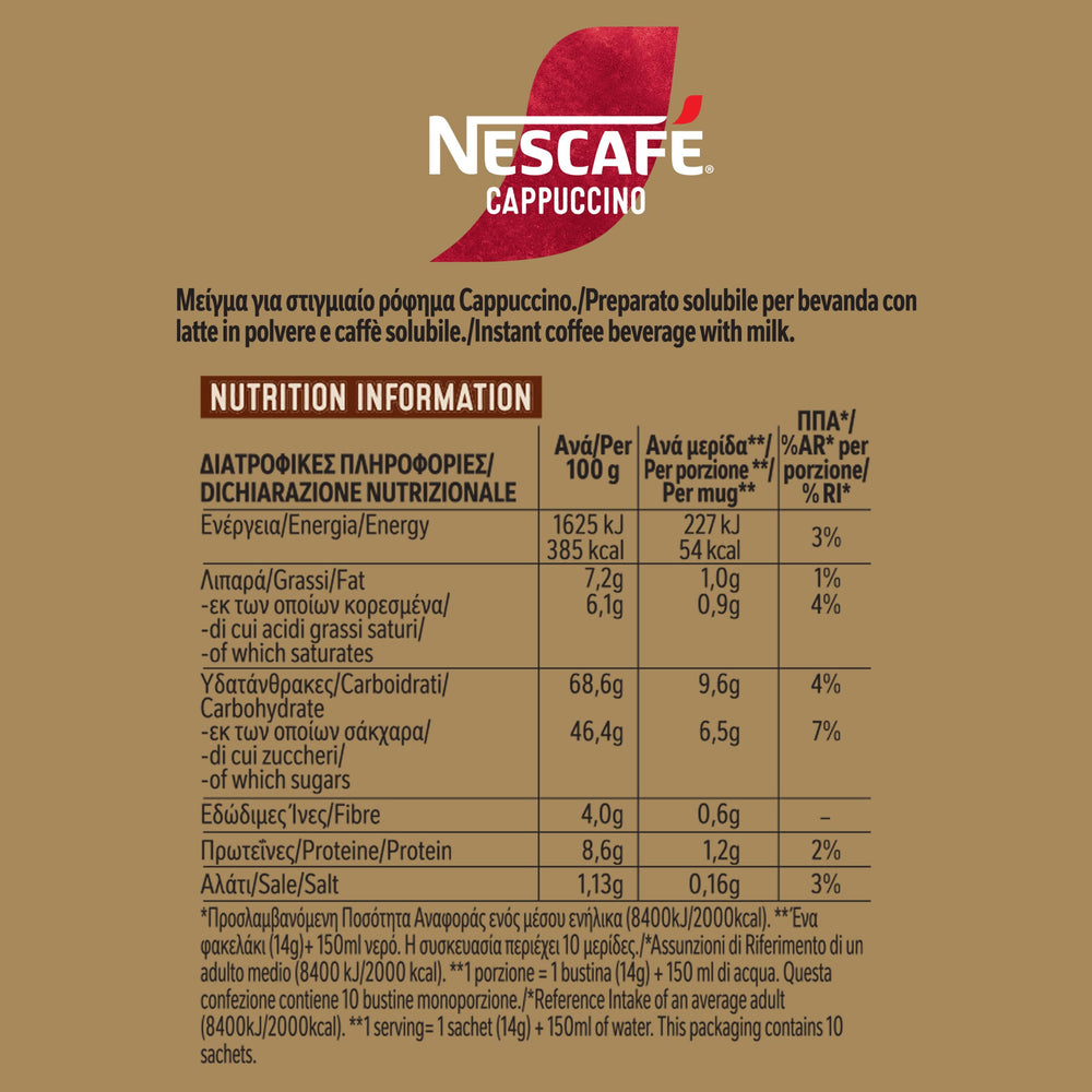 Nescafe Cappuccino 10 Sticks single stick ready to dissolve in hot water.