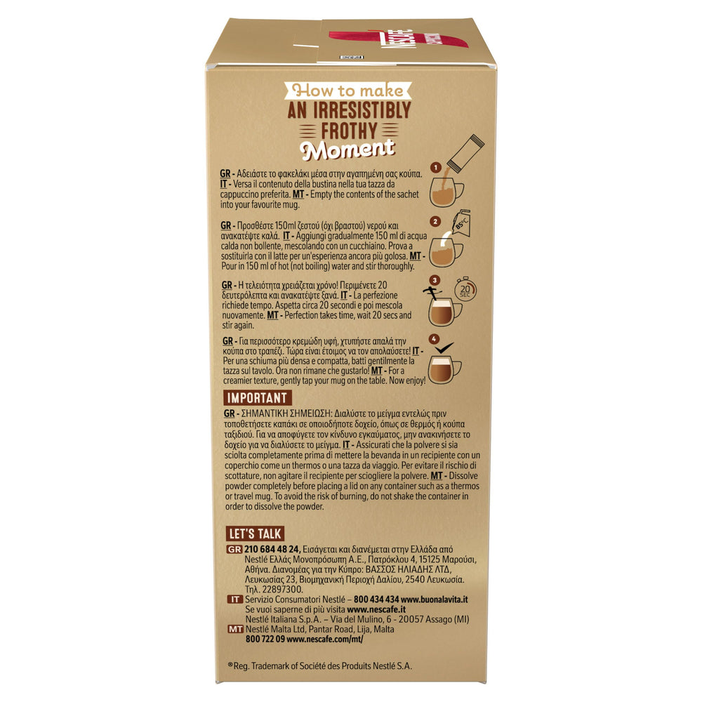Nescafe Cappuccino 10 Sticks steaming cup for a cozy morning.