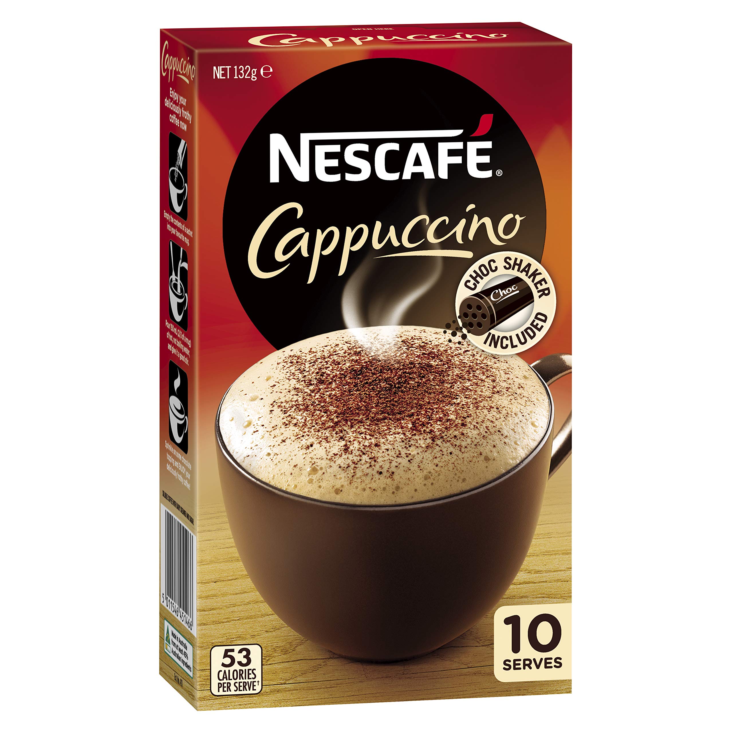 Nescafe Cappuccino 10pk sachets ready for at-home cafe-style cups.