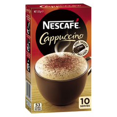 Nescafe Cappuccino 10pk sachets ready for at-home cafe-style cups.