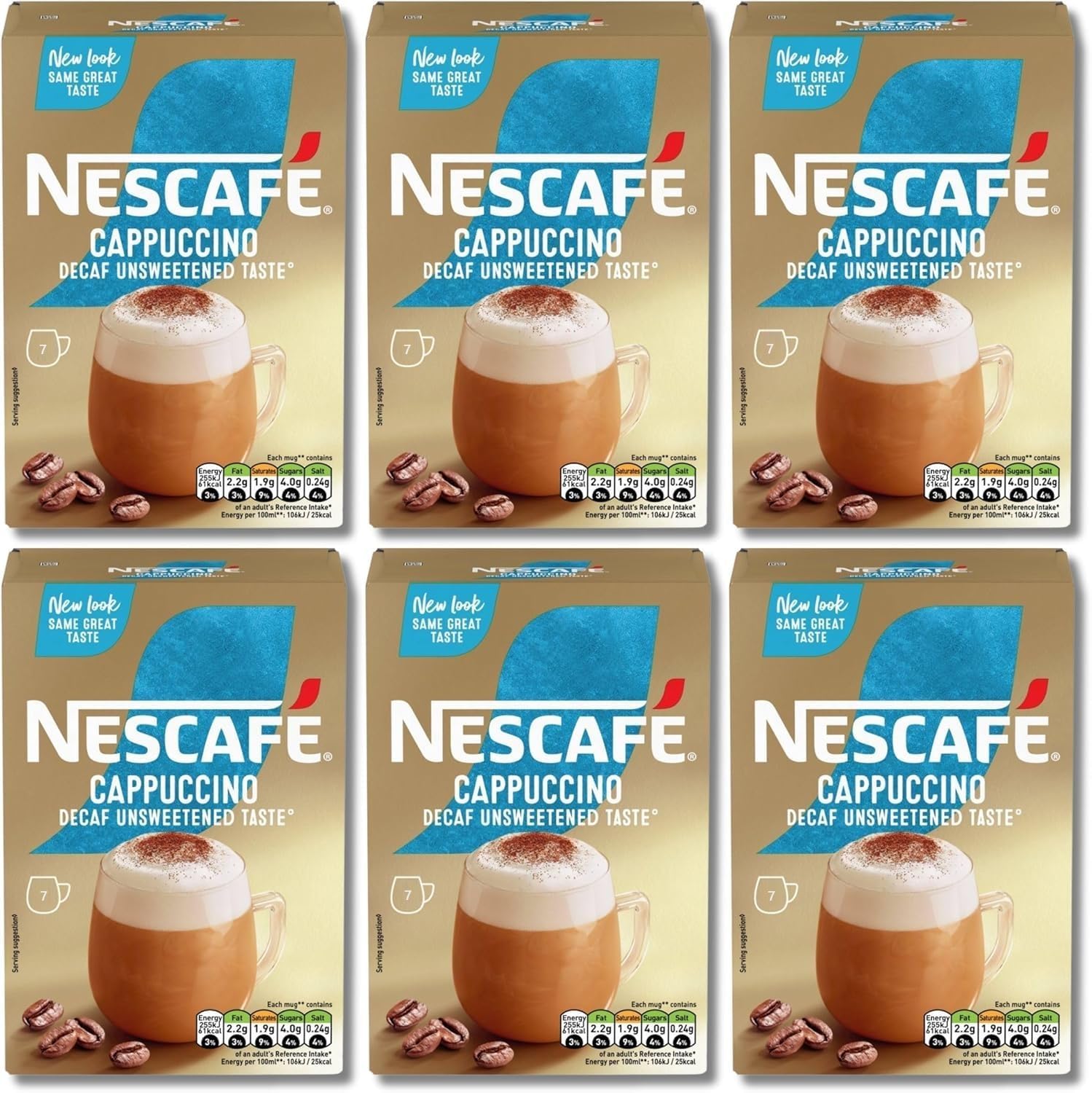 NESCAFÉ Cappuccino Decaffeinated sachets in a pack for convenient single-serve use.