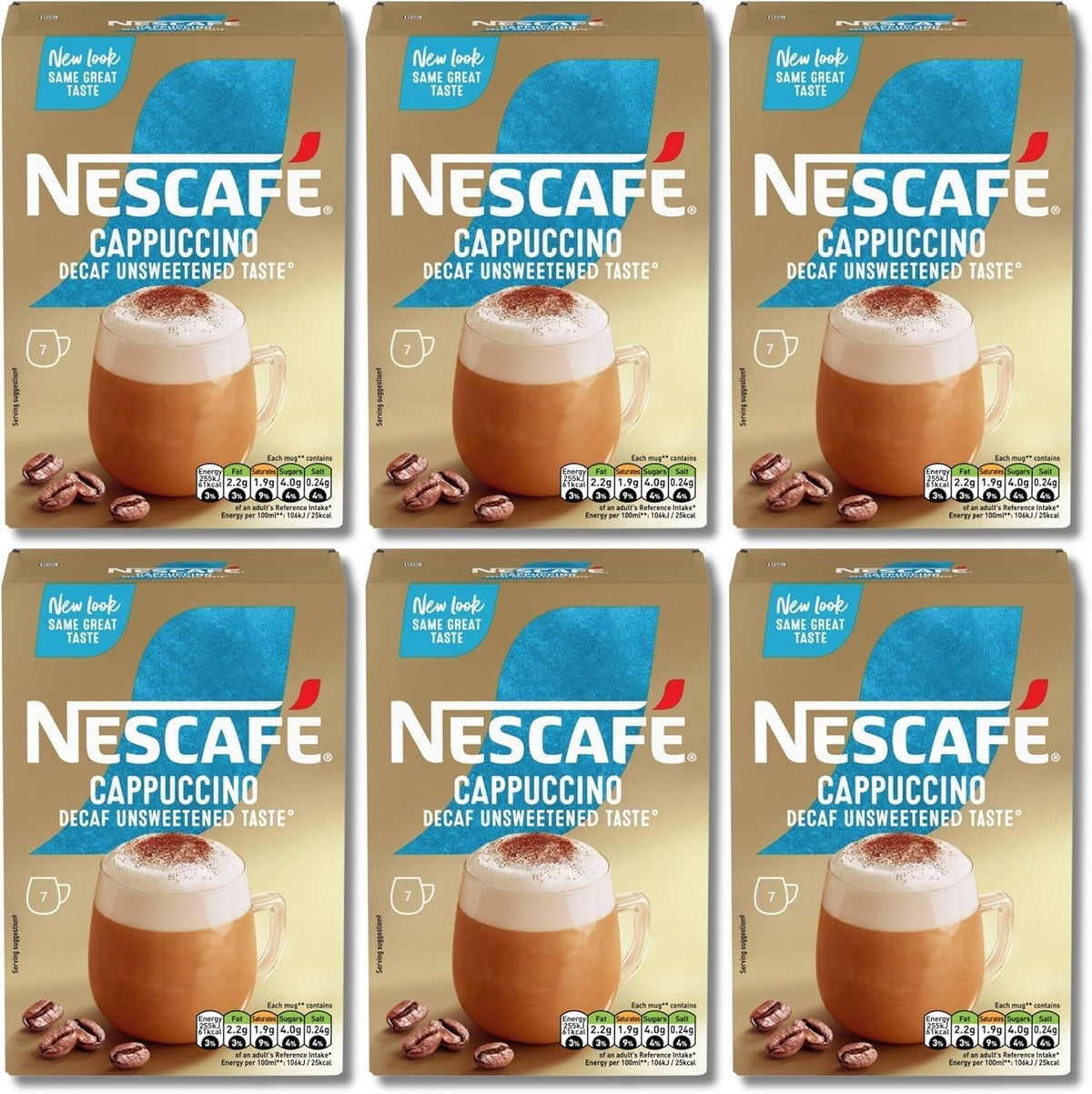 NESCAFÉ Cappuccino Decaffeinated sachets in a pack for convenient single-serve use.