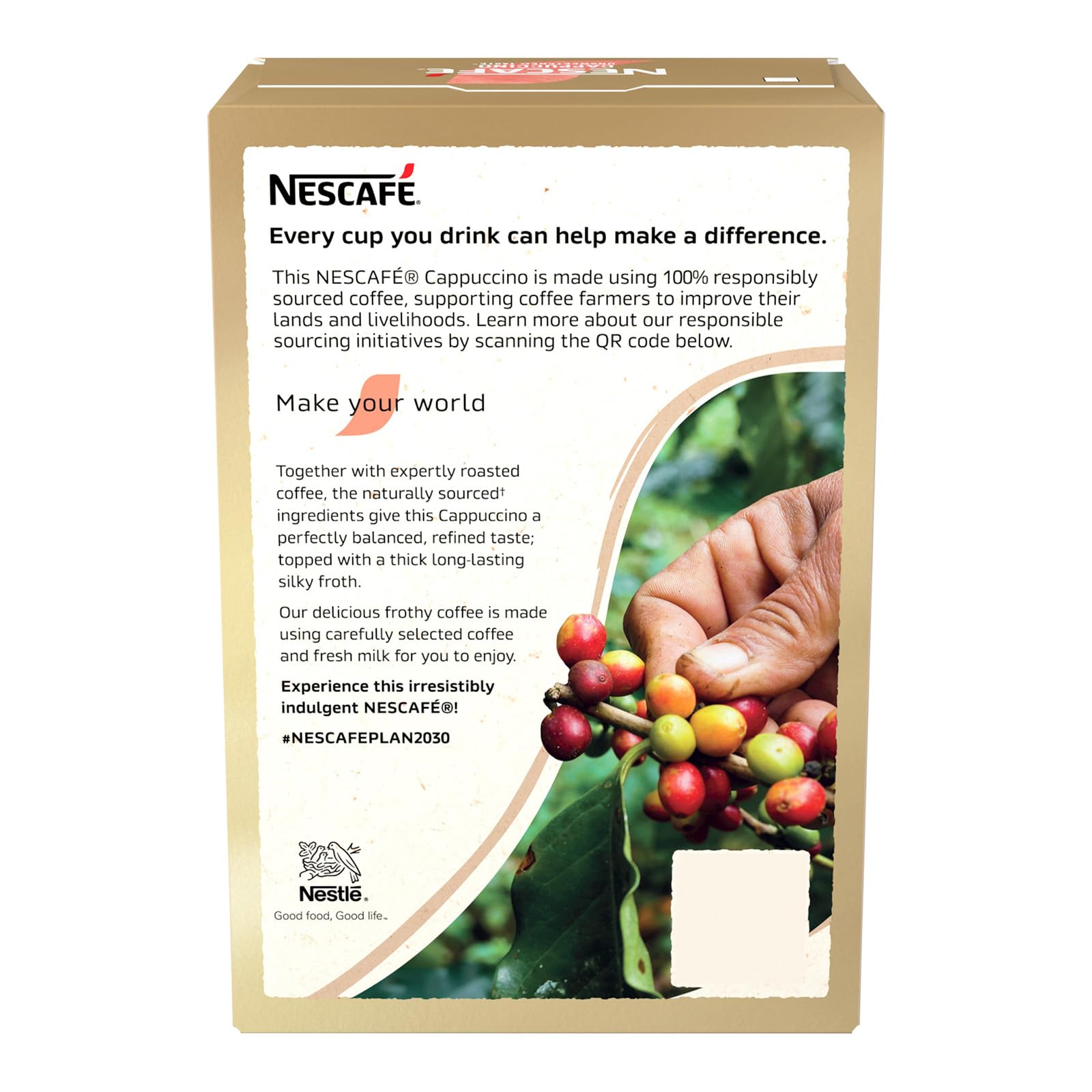NESCAFÉ Cappuccino Unsweetened mug and foam illustrate luxurious foam without sugar.