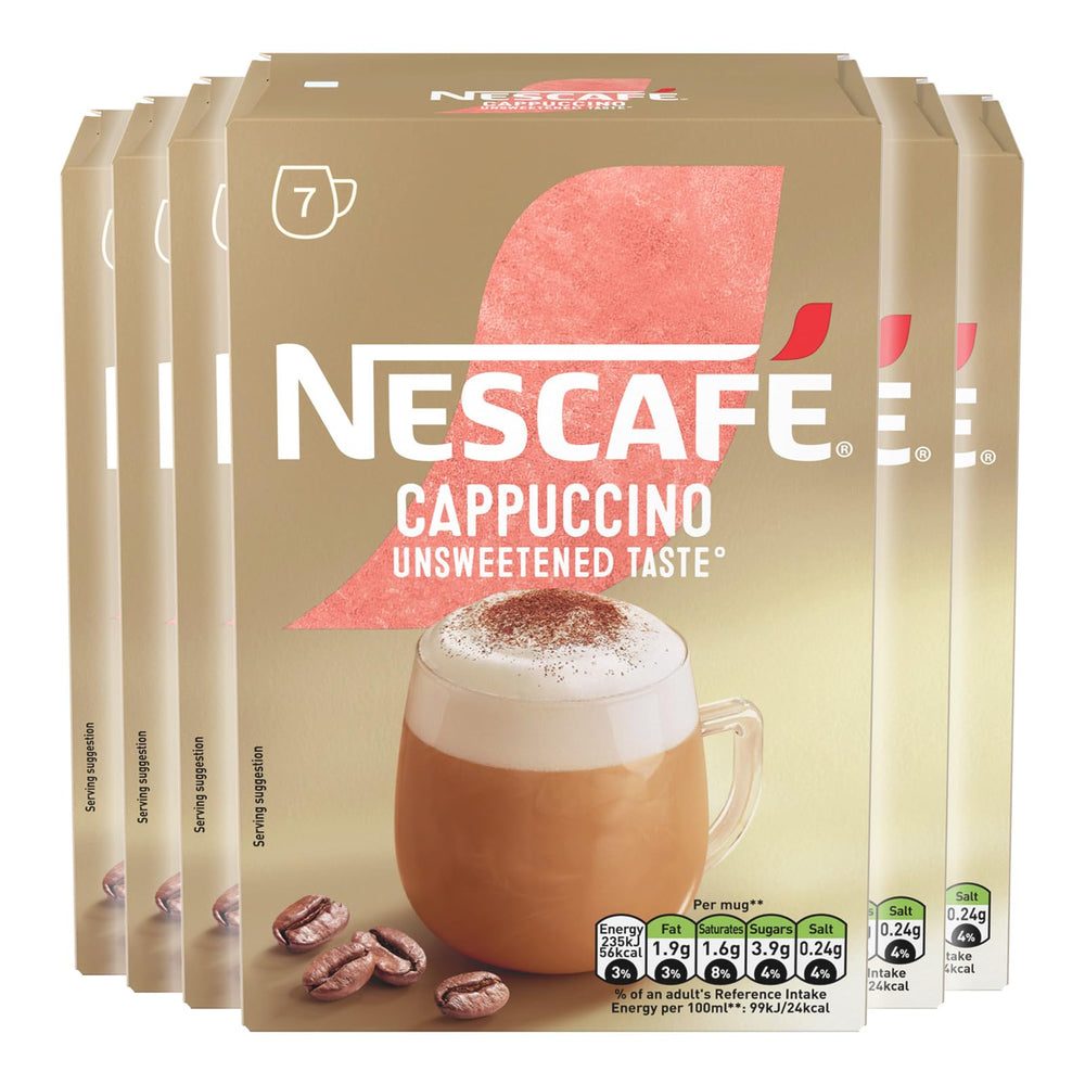NESCAFÉ Cappuccino Unsweetened sachets close-up highlighting freshness and convenience.