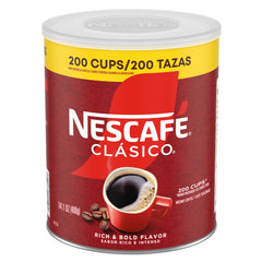 NESCAFÉ CLÁSICO dark roast canister with bold aroma for quick mornings.