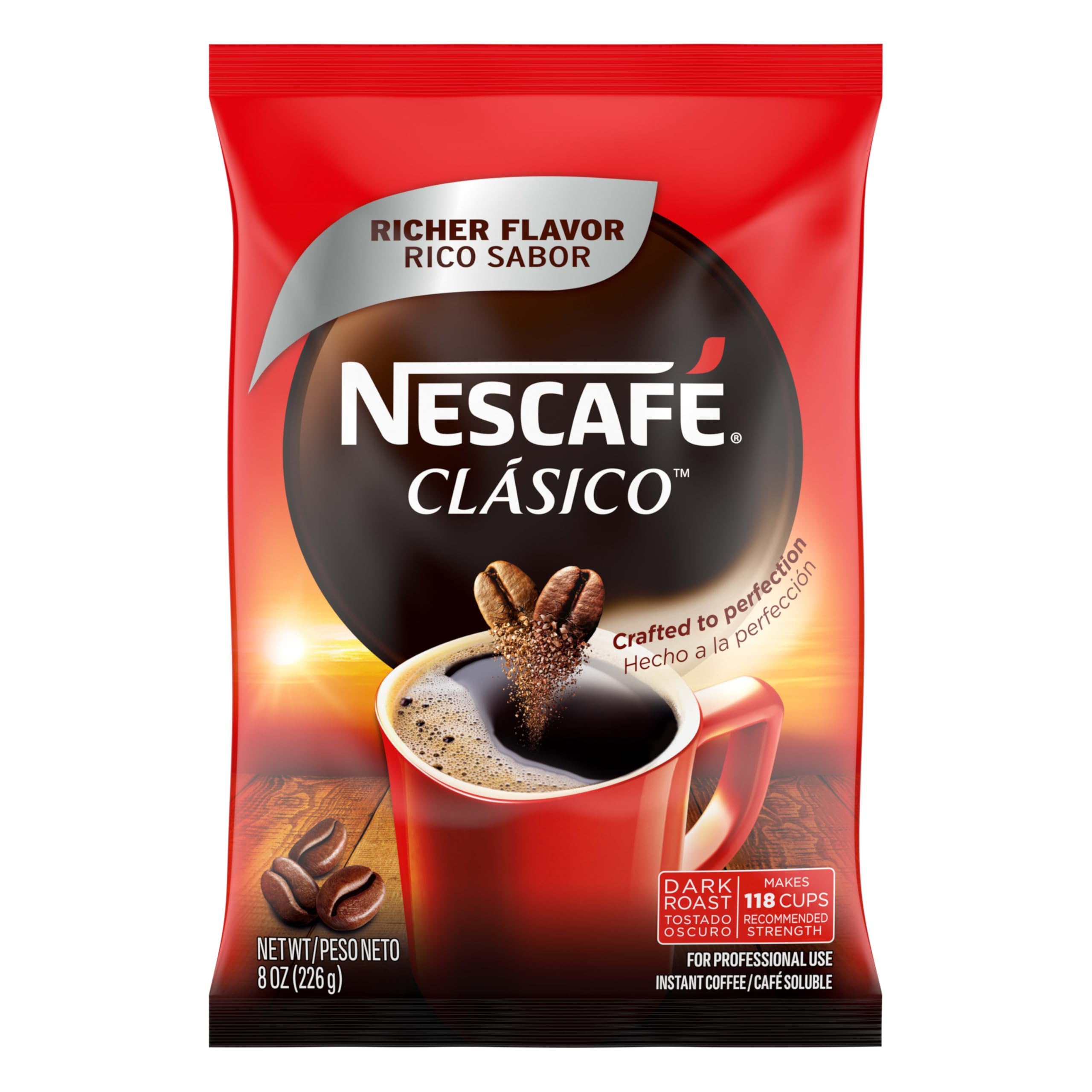 NESCAFÉ Clásico Dark Roast instant coffee bag highlighting bold aroma for quick mornings.