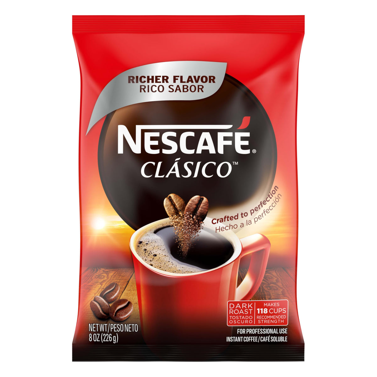 NESCAFÉ Clásico Dark Roast instant coffee bag highlighting bold aroma for quick mornings.