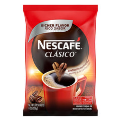 NESCAFÉ Clásico Dark Roast instant coffee bag highlighting bold aroma for quick mornings.
