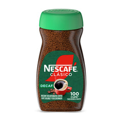 NESCAFÉ CLÁSICO Decaf dark roast jar on shelf delivering bold flavor.