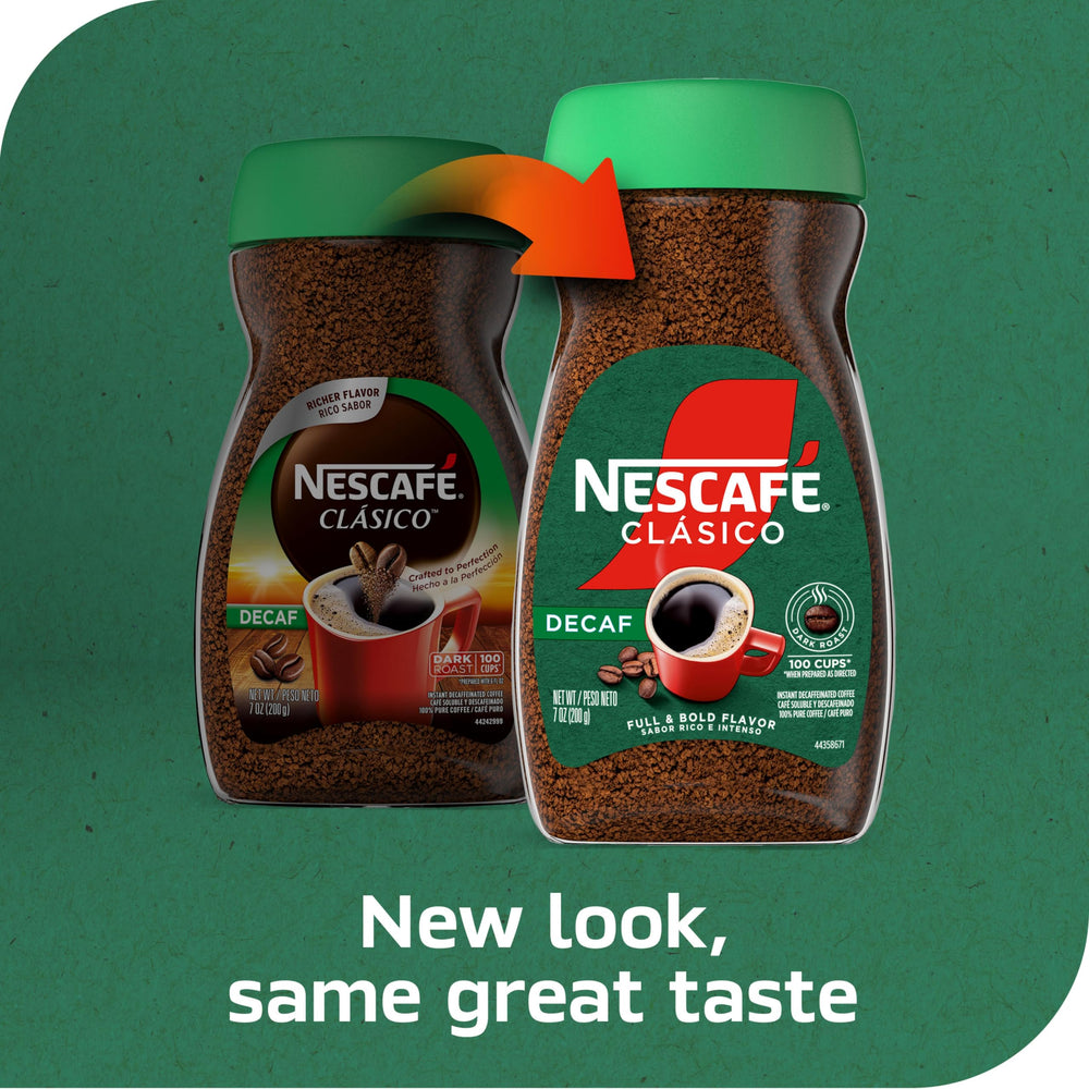Close-up of NESCAFÉ CLÁSICO Decaf label showing convenient decaf option.