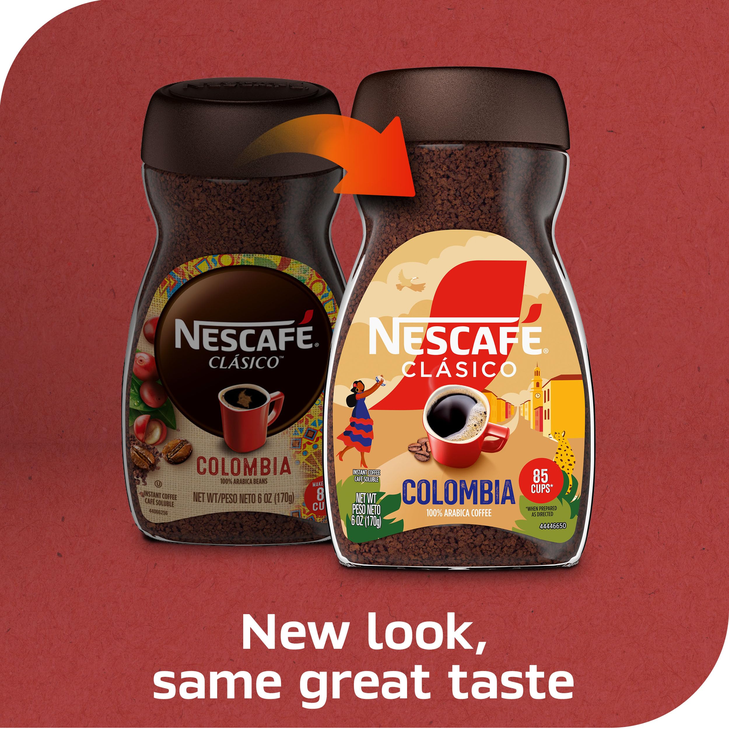 NESCAFÉ CLÁSICO Origin Colombia label closeup shows 100% Arabica beans