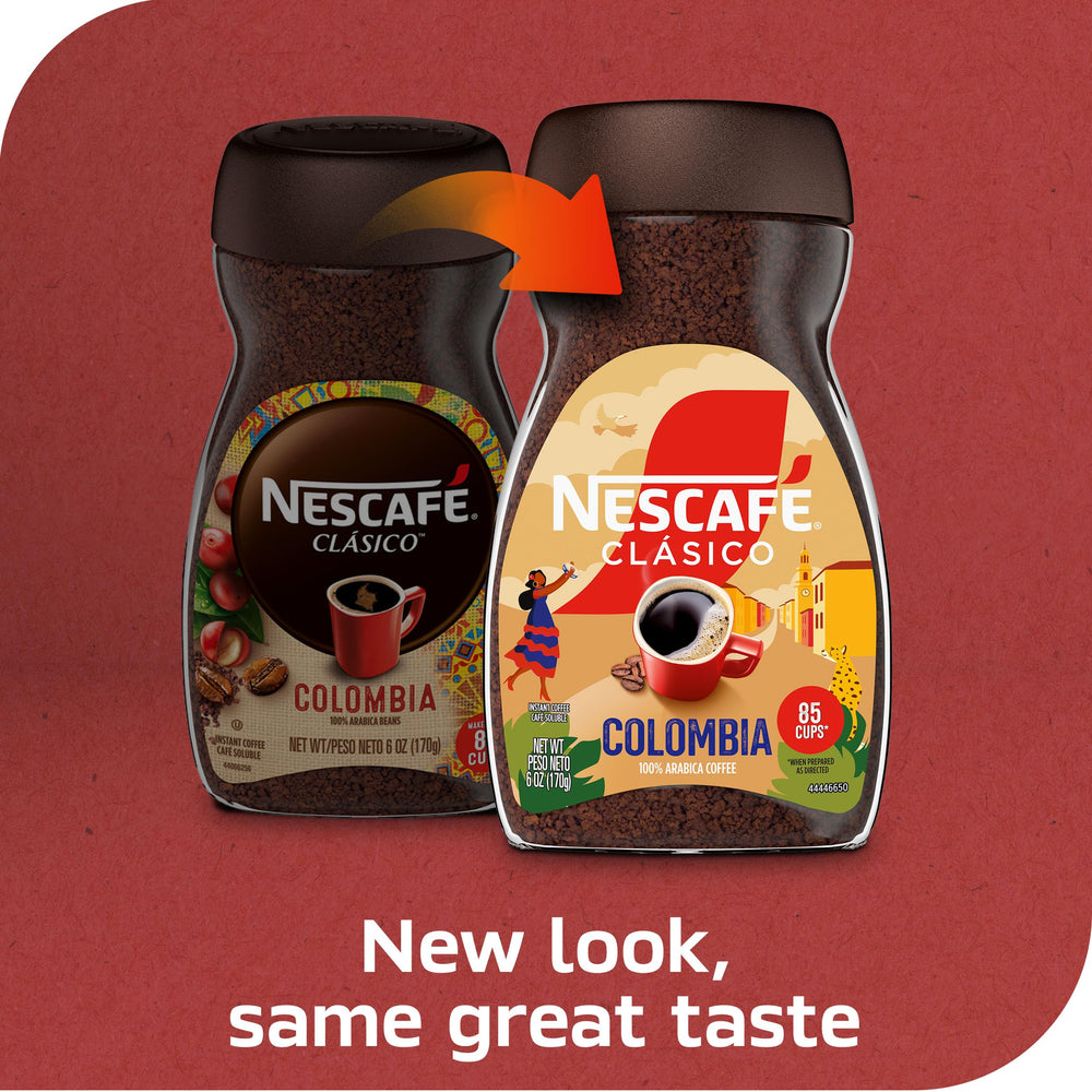 NESCAFÉ CLÁSICO Origin Colombia label closeup shows 100% Arabica beans