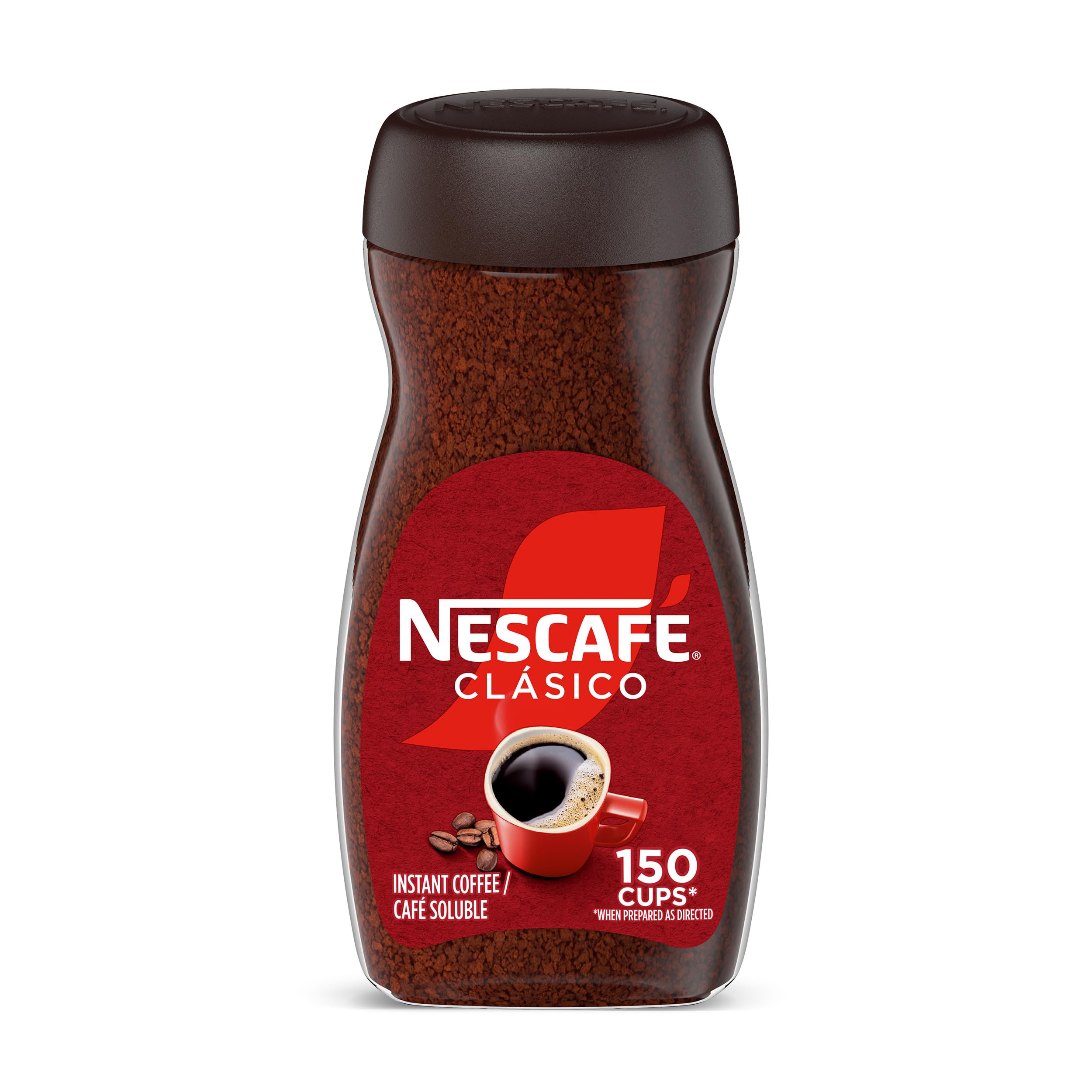NESCAFÉ CLÁSICO dark roast jar front showing bold flavor for quick mornings.