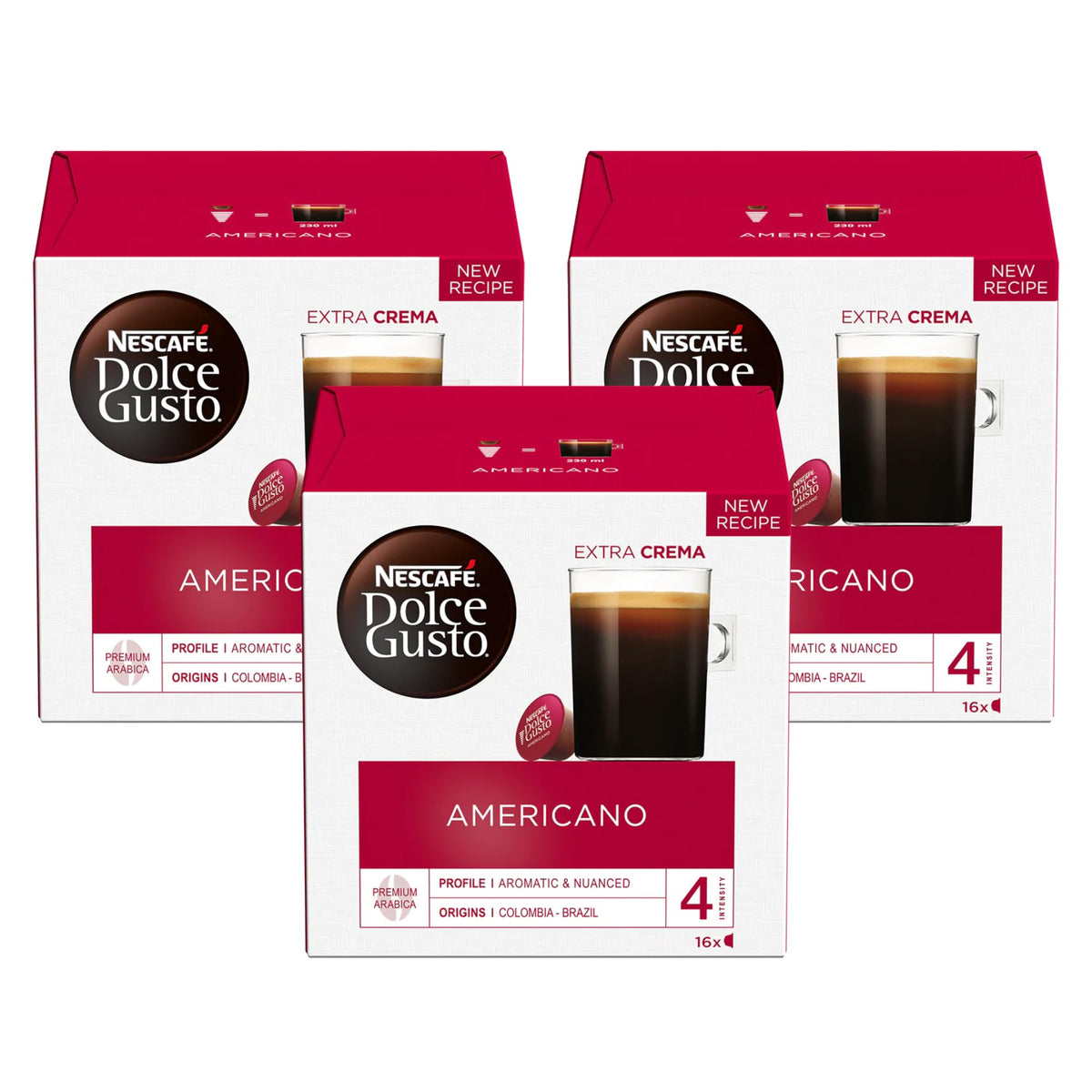 Nescafé Dolce Gusto Americano capsules pack3 box; convenient, premium coffee for busy mornings.