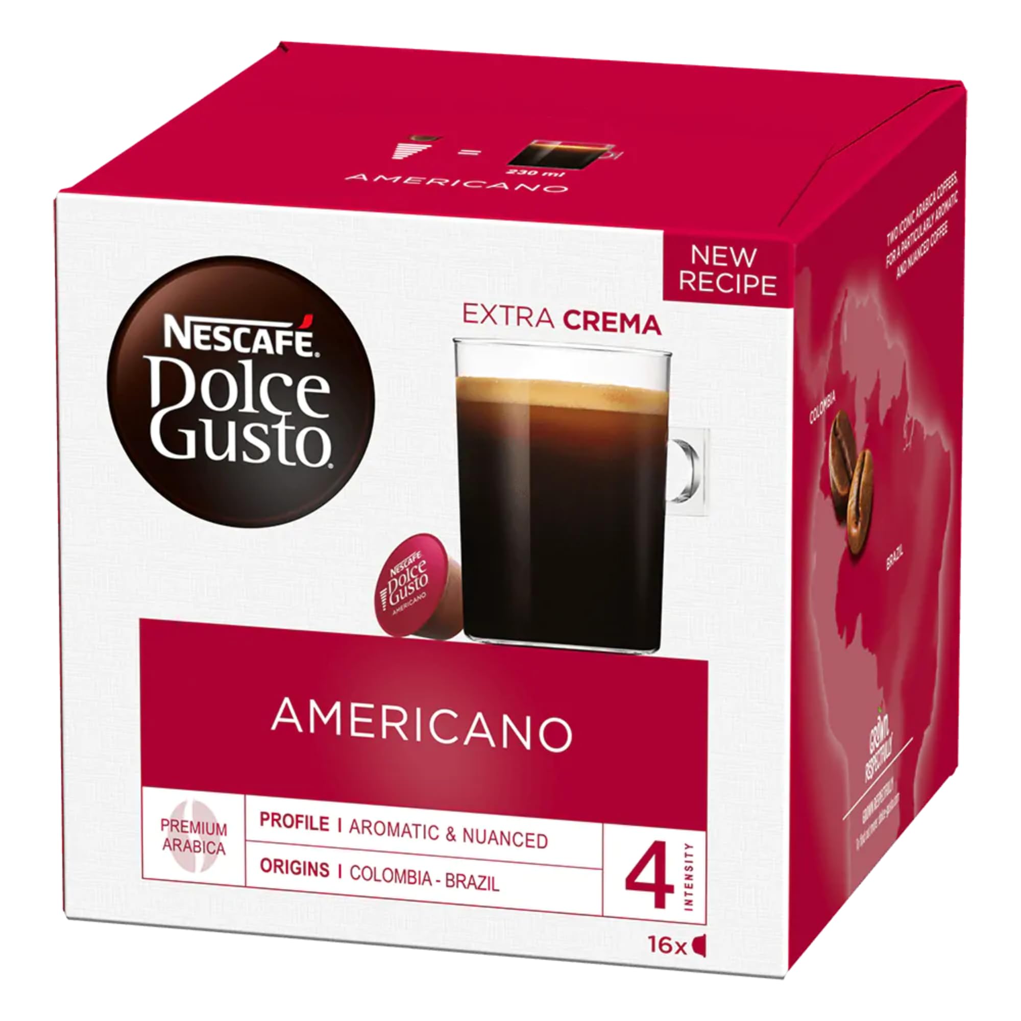 Nescafé Dolce Gusto Americano capsules deliver a light-bodied aroma for a refreshing cup.