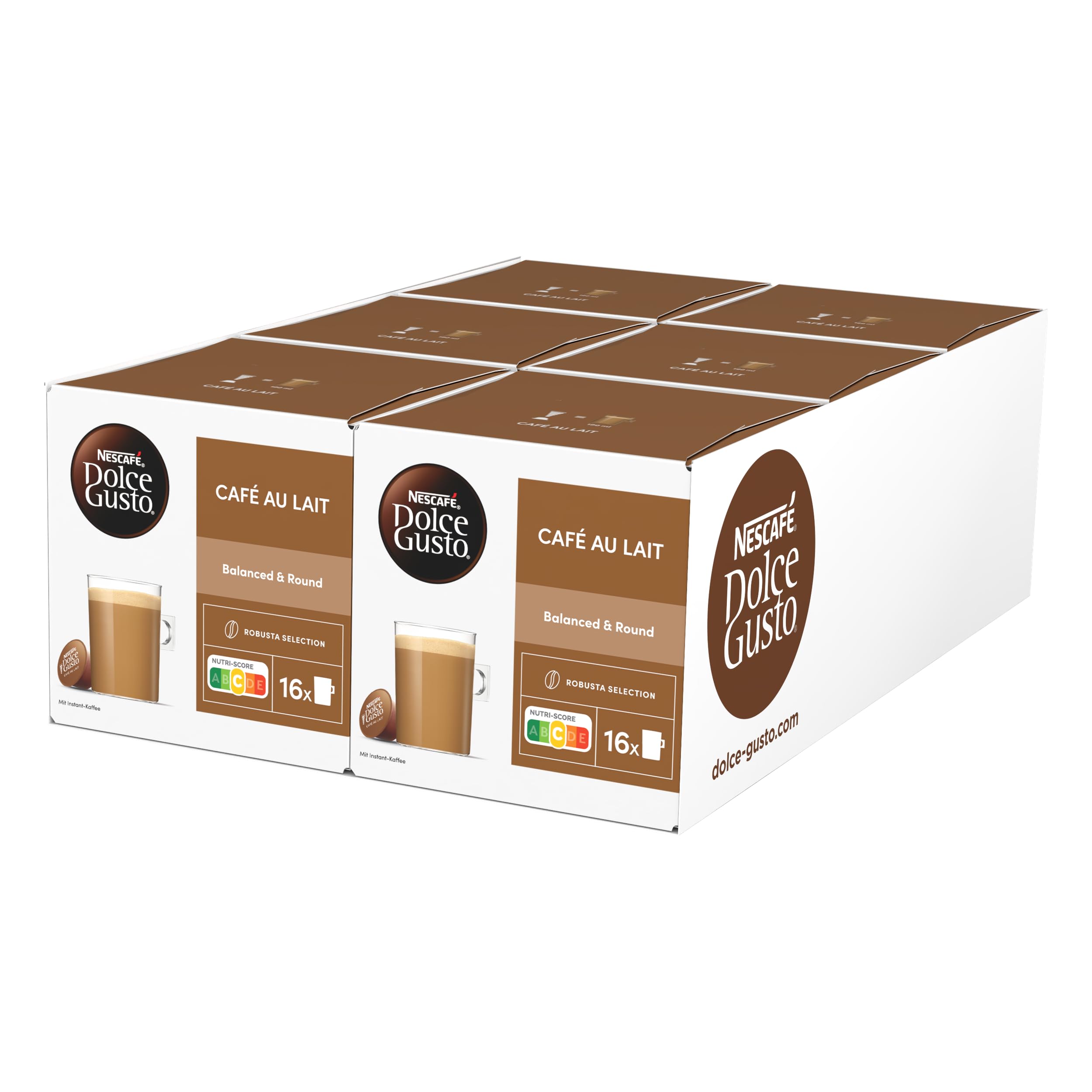 Nescafé Dolce Gusto Café au Lait pack of six capsules for quick home lattes.