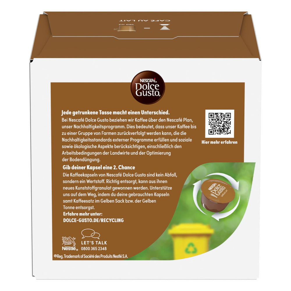 Nescafé Dolce Gusto Café au Lait package front highlights six-pack convenience.