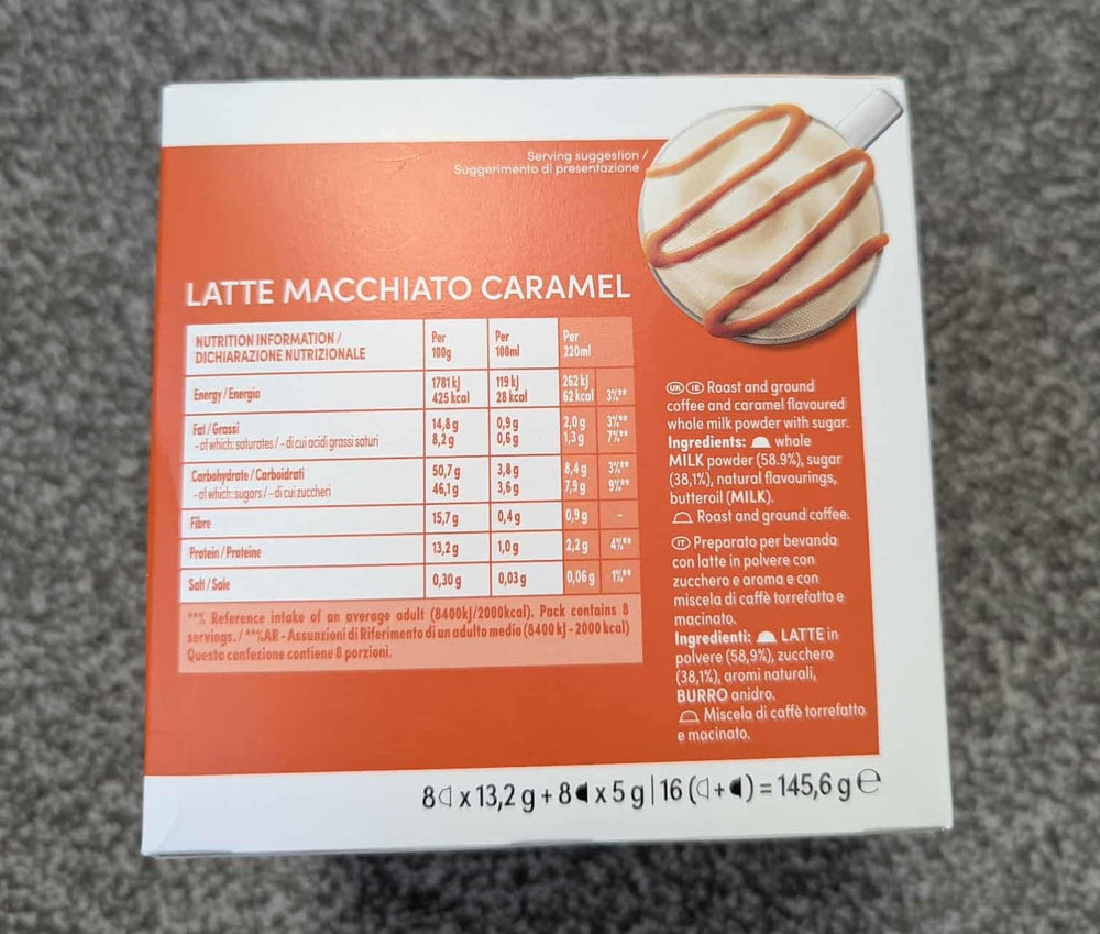 Nescafé Dolce Gusto caramel latte macchiato milk capsule delivers smooth milk and caramel swirl.