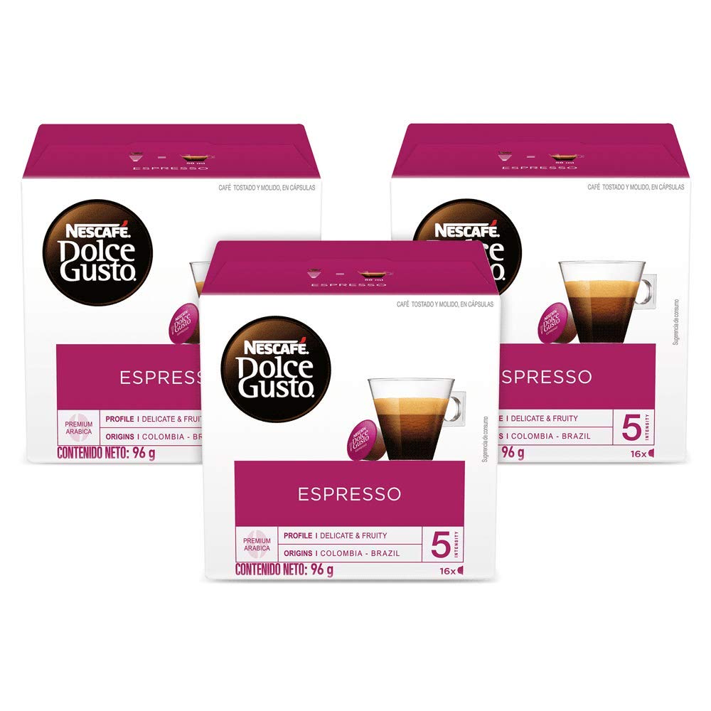 NESCAFÉ Dolce Gusto espresso capsules on front-pack for easy at-home brewing.