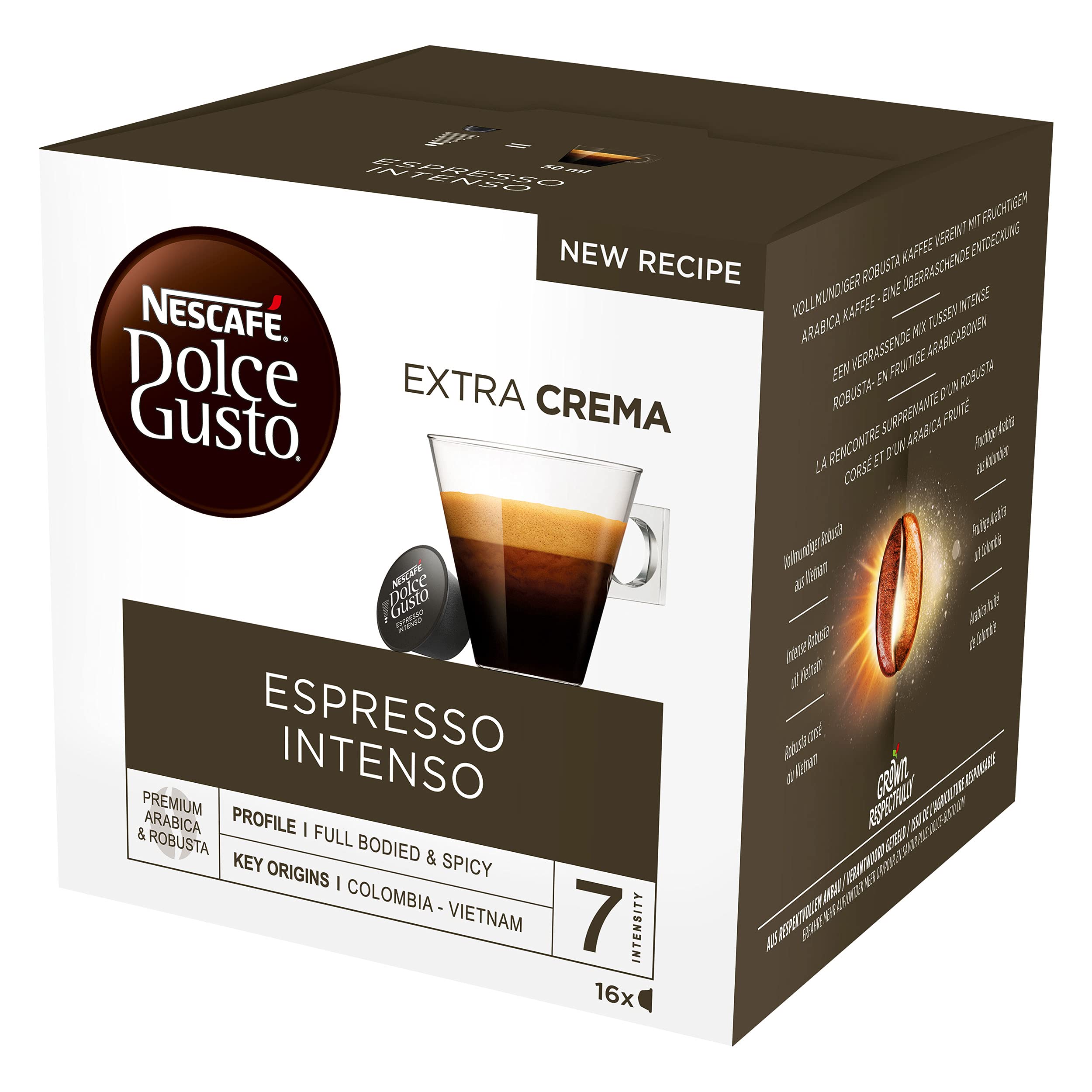 Nescafé Dolce Gusto Espresso Intenso box and capsules for fast, café-style espresso.