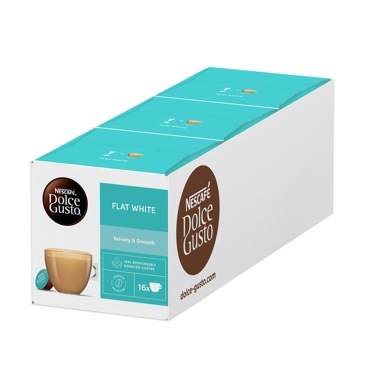 NESCAFÉ Dolce Gusto flat white coffee pod in packaging, ready for silky cafe-style espresso at home.
