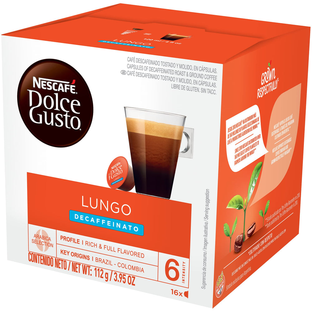 Nescafé Dolce Gusto Lungo Decaf aroma swirl above a steaming cup
