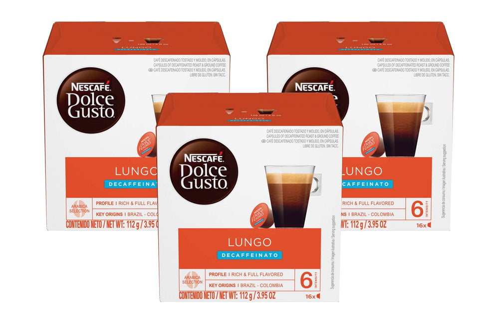 Nescafé Dolce Gusto Lungo Decaf capsules close-up for a rich decaf brew