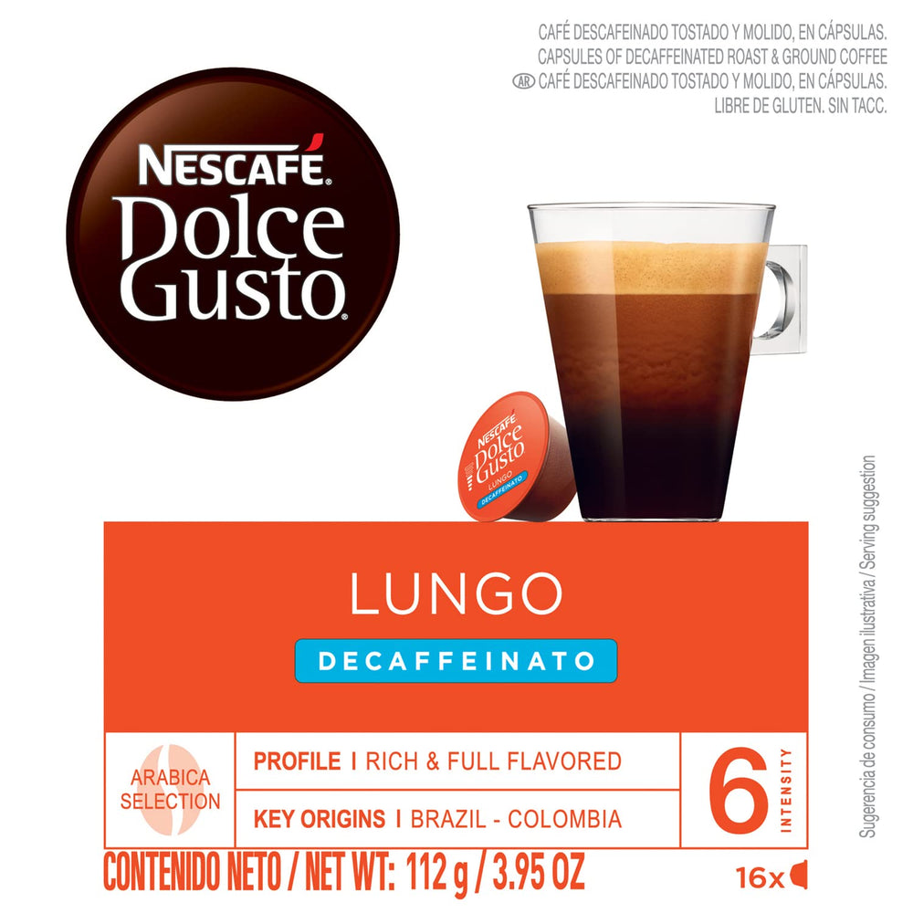 Nescafé Dolce Gusto Lungo Decaf pack3 on shelf showing compact packaging