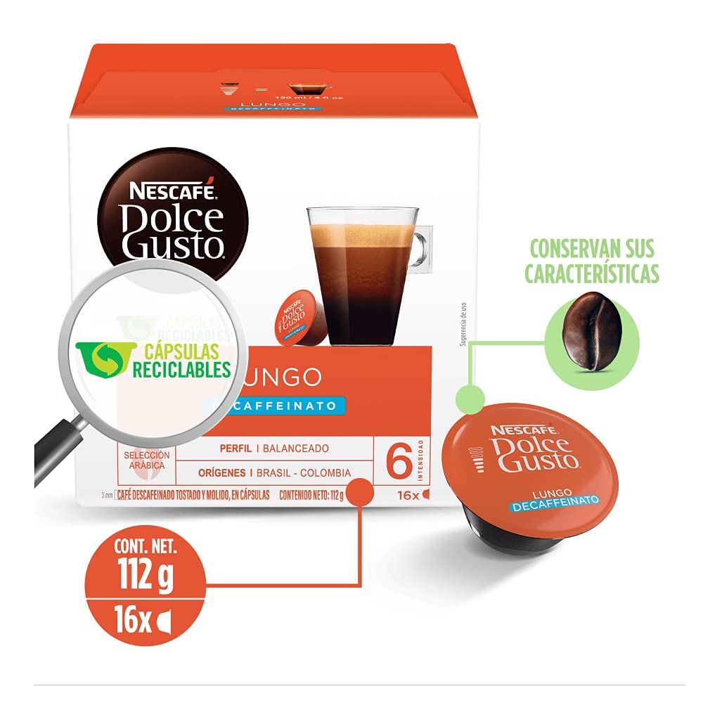 Nescafé Dolce Gusto Lungo Decaf packaging label close-up with aroma and intensity cues