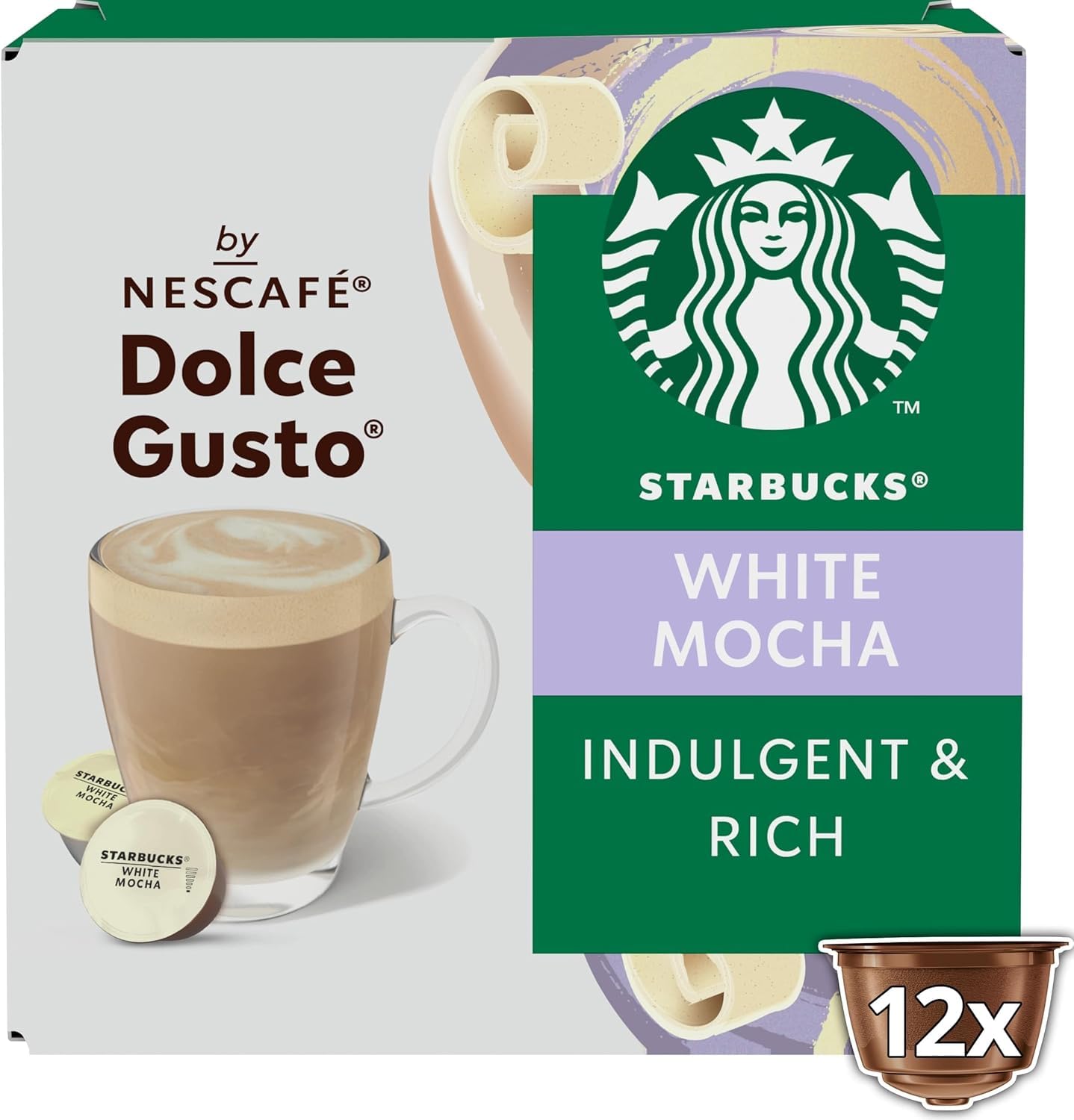 NESCAFÉ Dolce Gusto Starbucks White Mocha pods box, 12-count for easy daily use.